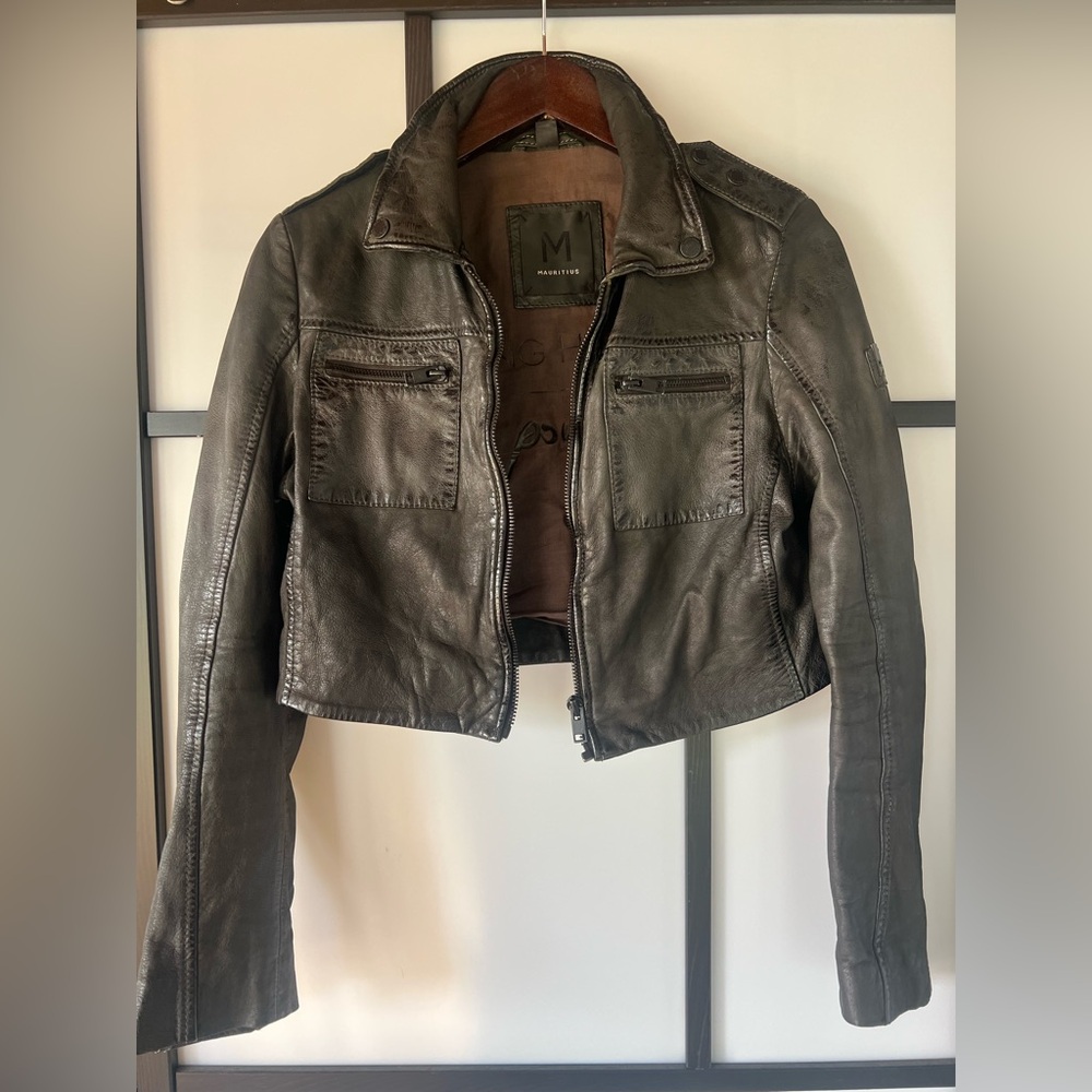 Mauritius dark green Cropped  Leather Jacket medium